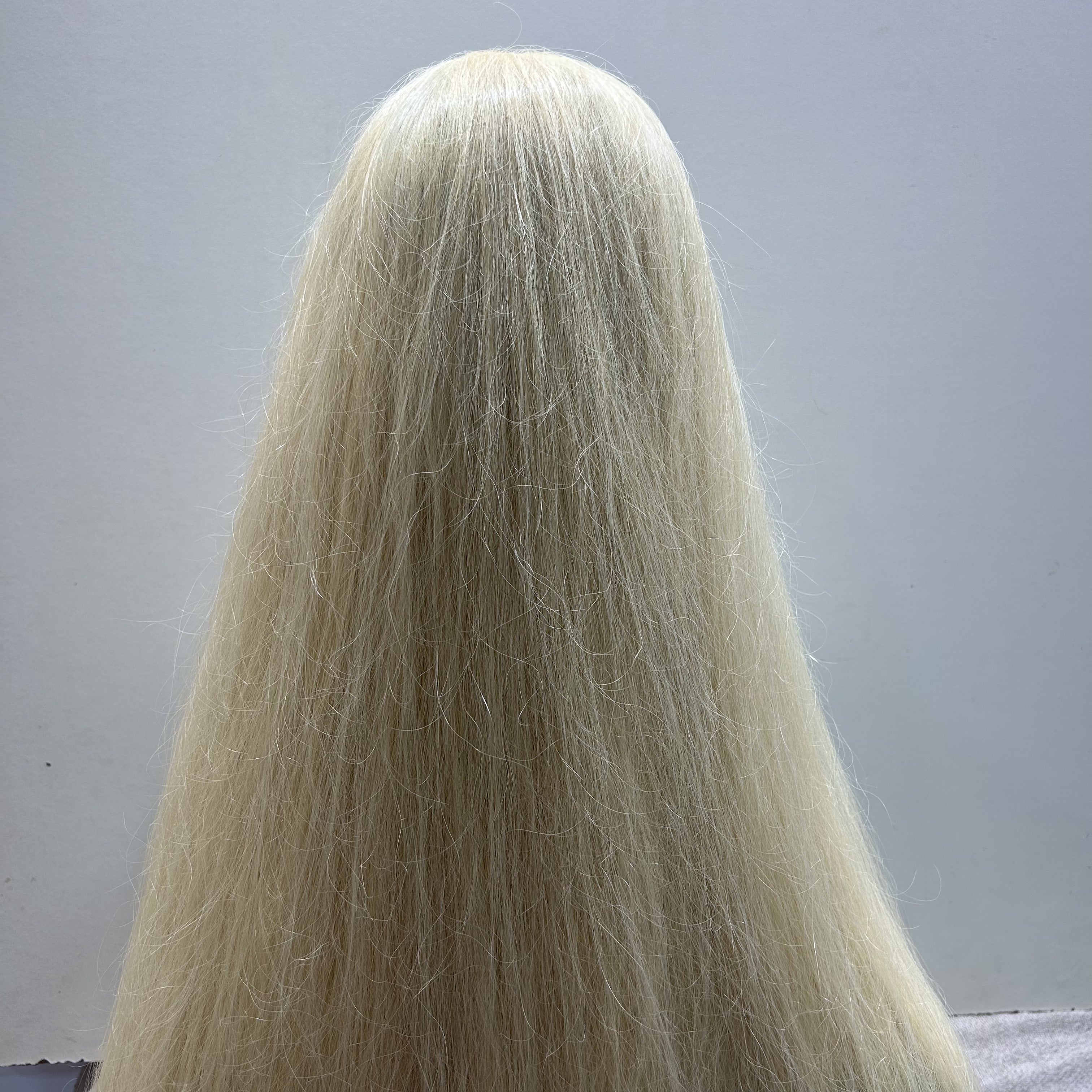 Long blonde hair against a plain background