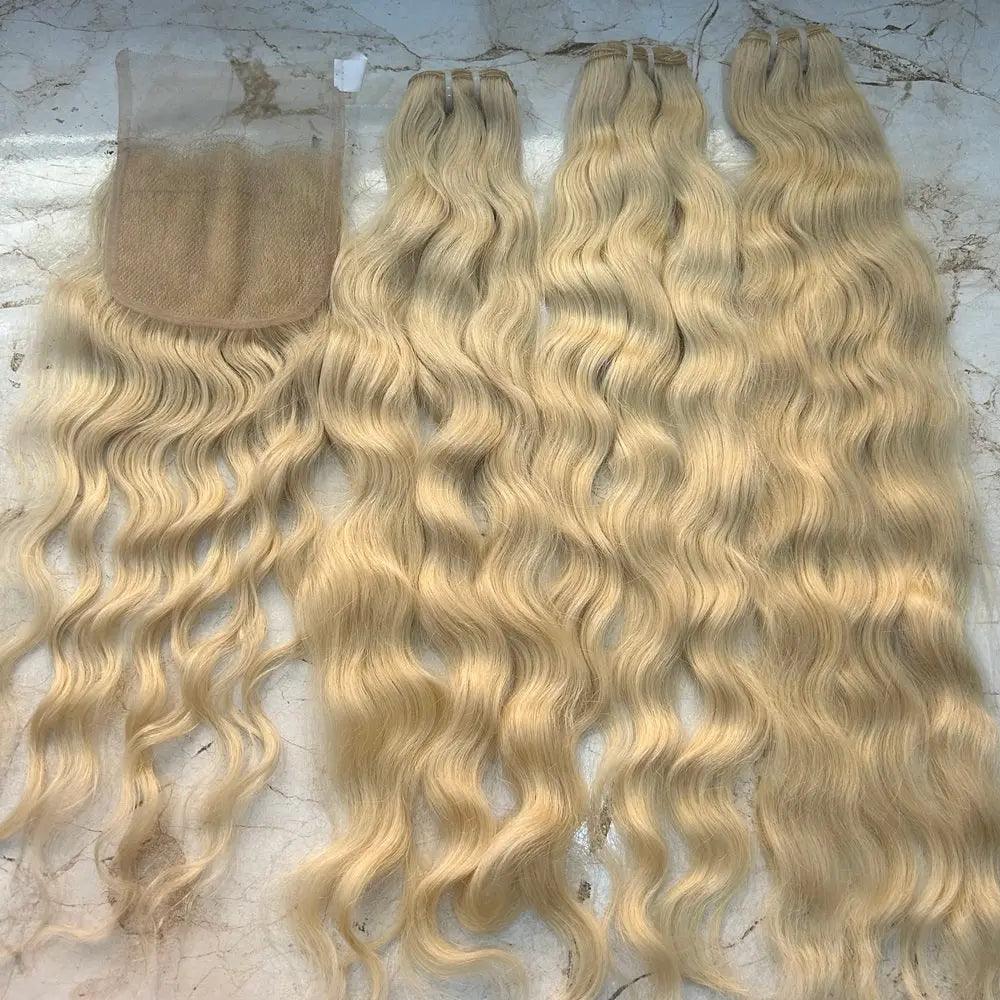 Blonde curly human hair bundles with closure - Hair Trends India