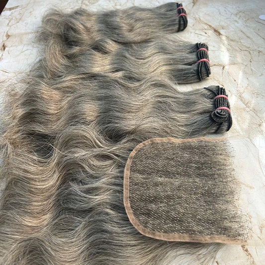 Grey hair wavy bundles with closure