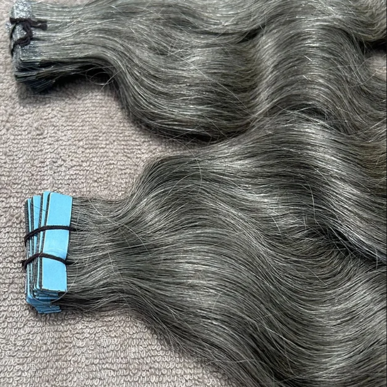 Natural Wavy Grey Tape in Human Hair Extensions