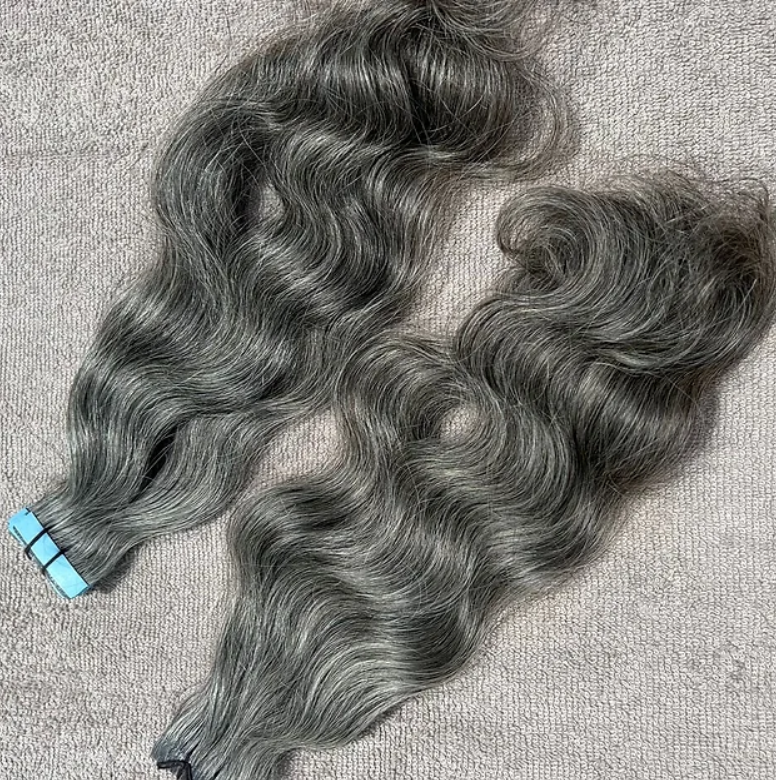 Natural Wavy Grey Tape in Human Hair Extensions