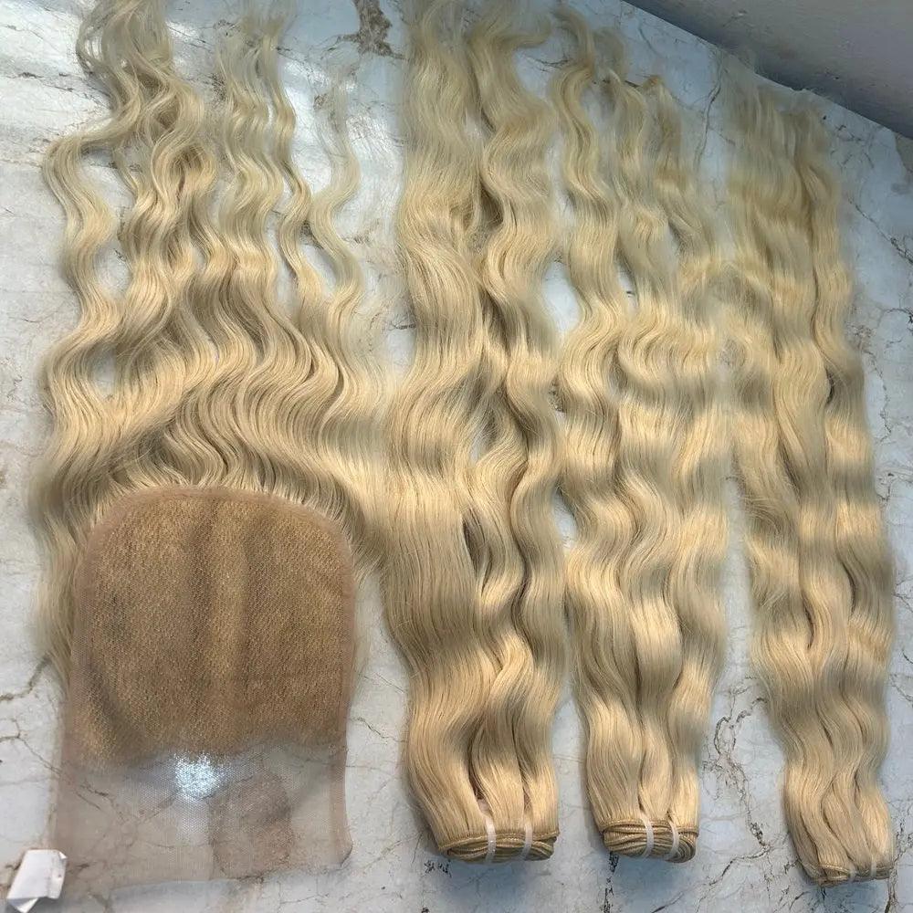 Blonde curly human hair bundles with closure - Curly Hair Suppliers